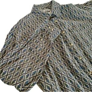 Vtg Geometric AOP Long Sleeve Button Up Shirt Blue Western 100% Cotton Mens XL